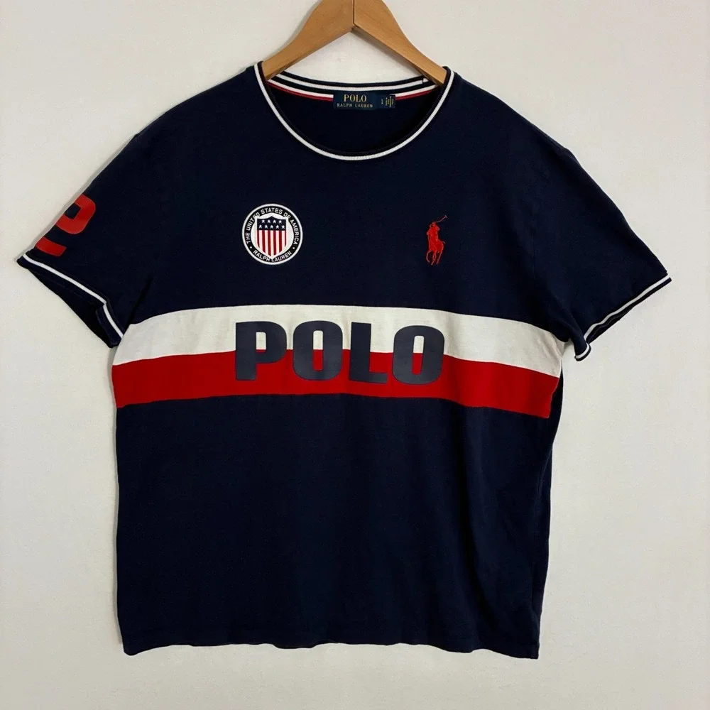 Polo Ralph Lauren‎ USA Shield Big Pony Shirt Mens L Colorblock Logo Preppy Tee
